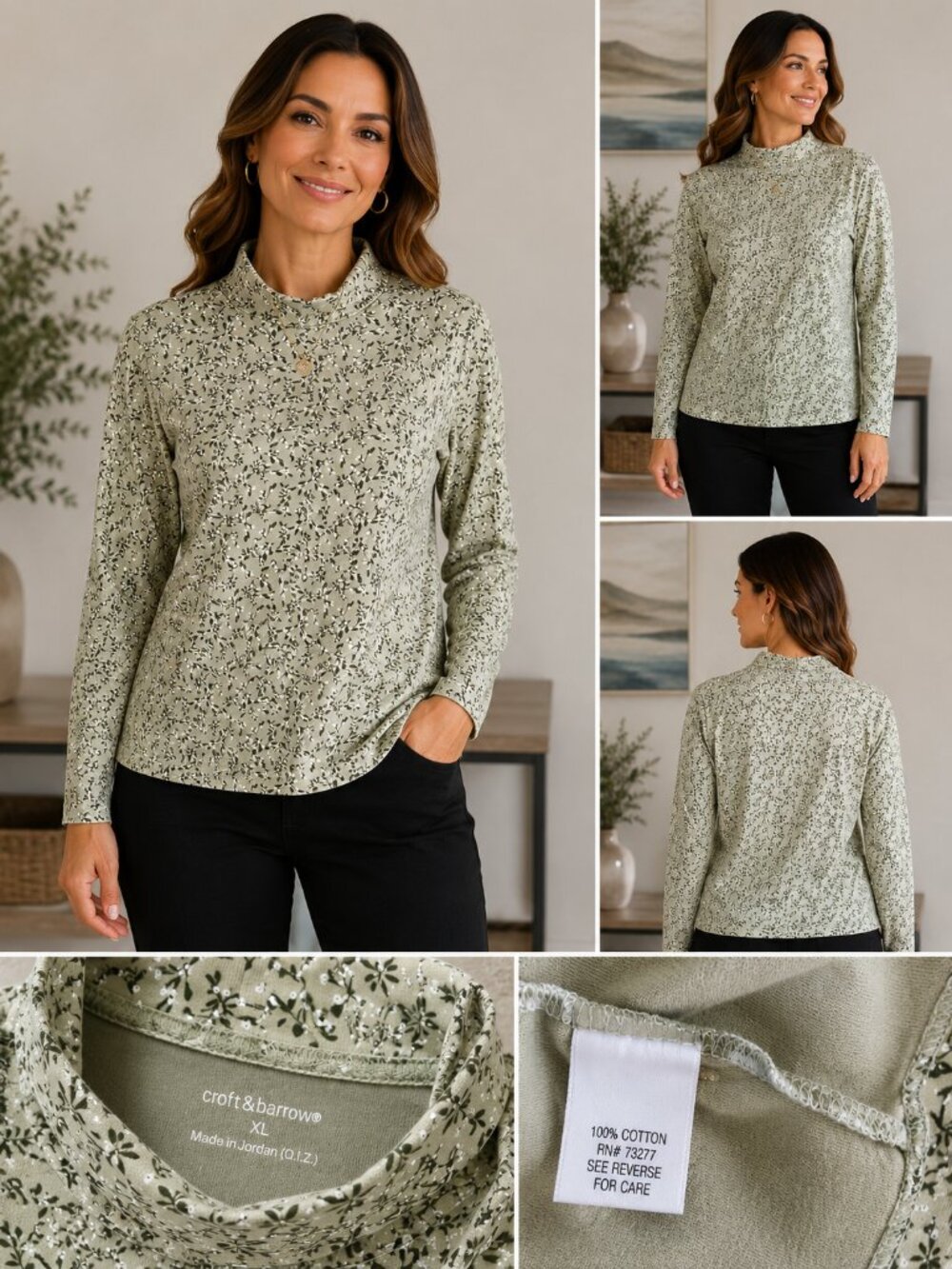 Croft & Barrow Sage Green Floral Mock Neck Top – 100% Cotton – XL